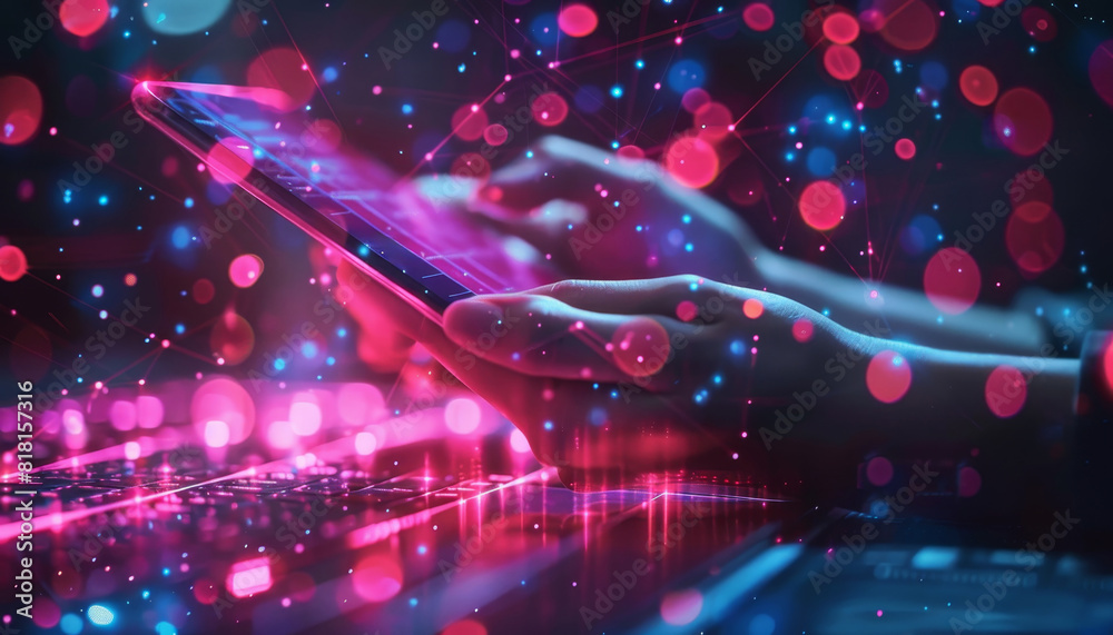 Wall mural a person is using a tablet with a pink and blue background by ai generated image