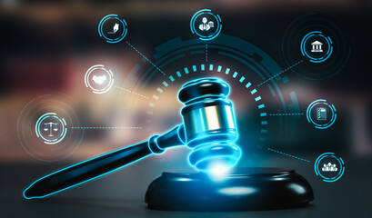 Naklejka premium Smart law, legal advice icons and lawyer working tools in the lawyers office showing concept of digital law and online technology of savvy law and regulations .