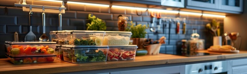 Many containers of food on a counter in a kitchen, food background 