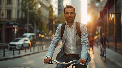 Young businessman go to work at office take bicycle on city street. Reduce air pollution