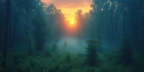 Obraz premium Nature's Awakening: Sunrise in the Enchanted Woods