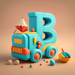 3d illustration of childrens toy train with the letter B.