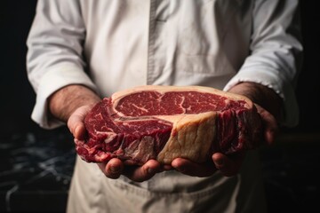 Expert butcher showcasing craft, precision handling succulent marbled raw beef steak