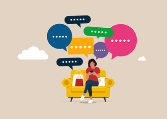 Girl with a smartphone and colors dialogue bubble. Texting message modern device. Girl sitting on the couch. Flat vector illustration