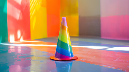 Rainbow Road traffic cone. Rainbow pylon gay LGBT rights colored Icon at blue Background. Illustration.