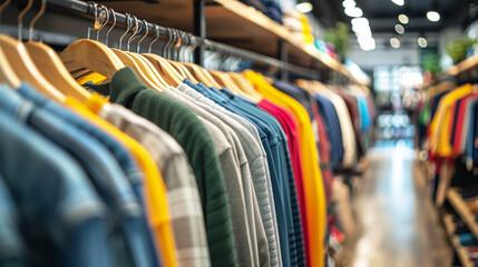 Array of colorful shirts in clothing store