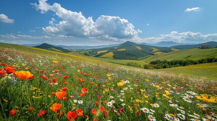 Rolling hills covered in a patchwork of colorful wildflowers