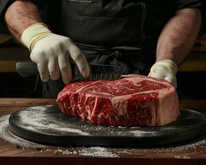Artful butcher precision cutting and showcasing craft with marbled raw beef steak