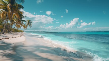 Beach Paradise: A picturesque tropical beach with white sandy shores, clear turquoise waters, and palm trees swaying in the breeze. The idyllic setting evokes a sense of relaxation and escape.