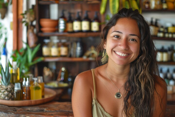 A Hispanic woman embracing her heritage through natural cosmetics, incorporating ingredients like aloe vera and coconut oil into her skincare line, rooted in the traditional remedies passed down