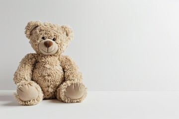 Banner Space for Text: Adorable Fluffy Teddy Bear Isolated on White Background: A cute, cuddly teddy bear sitting alone, with soft fur and button eyes, perfect for a child's companion. 