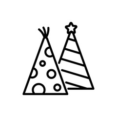 Two birthday cone hats outline icon. Editable stroke. Birthday, holiday symbol 