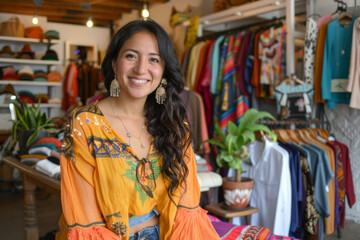 Obraz premium A Latina fashionista infusing her clothing store with colorful and eclectic pieces inspired by her Latin heritage, embracing bold patterns, vibrant hues, and playful silhouettes that reflect the joy