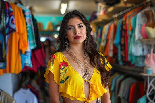 A Latina fashionista infusing her clothing store with colorful and eclectic pieces inspired by her Latin heritage, embracing bold patterns, vibrant hues, and playful silhouettes that reflect the joy