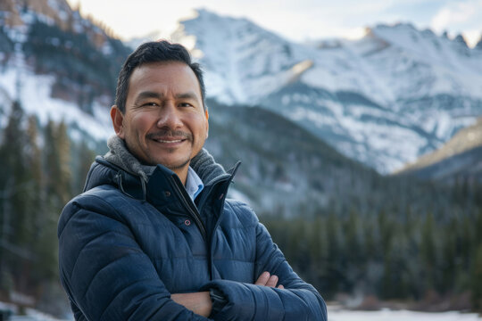 A Latino CEO, hosting a corporate retreat in a picturesque mountain lodge, fostering team bonding and strategic alignment amidst breathtaking natural scenery, his charismatic leadership inspiring