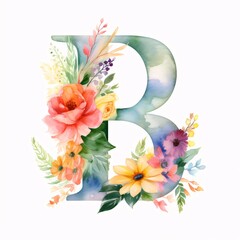 Watercolor letter B with flowers and leaves. Can be used for wedding invitations, greeting cards, scrap booking