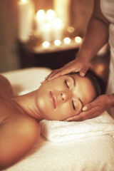 Woman, face and relax at massage spa with beauty facial, physical therapy and skincare for health...