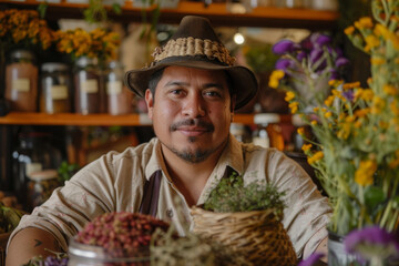 A Latino man with a passion for natural beauty, using his expertise in herbalism and botany to formulate organic cosmetics that reflect the vibrant colors and fragrances of his Latin American heritage