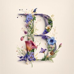 Letter B with spring flowers. Floral font. Botanical alphabet.