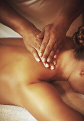 Hands, back and person for massage in spa for wellness, pamper treatment and hospitality. Peace,...