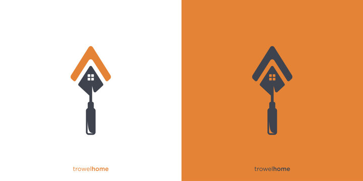 Simple Trowel and Home Logo Design. Cement Scoop and House, Roof Graphic. Brickwork for a Construction or Repair Logo, Icon, Symbol, Vector, Design Template.