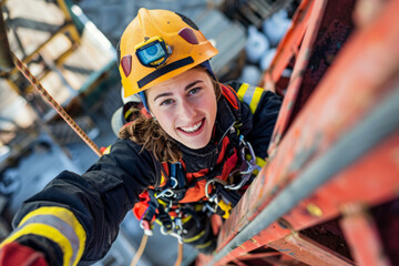 A woman firefighter participating in a high-angle rescue operation, her agility and fearlessness essential as she ascends a towering structure to reach and rescue a stranded individual, her