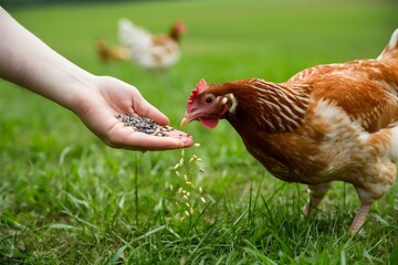 Fototapeta premium Hand feeding chicken seeds on green field, blurred background highlights human animal interaction