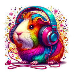 Digital art vibrant colorful guinea pig wearing headphones listening to music