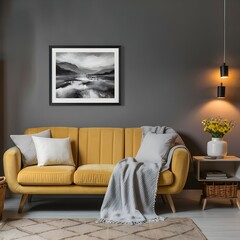 Vibrant yellow sofa and chair near teal wall with poster frame. Scandinavian interior design of modern living room