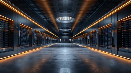 Modern Data Technology Center Server Racks in a Dark