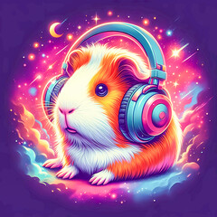 Digital art vibrant colorful guinea pig wearing headphones listening to music