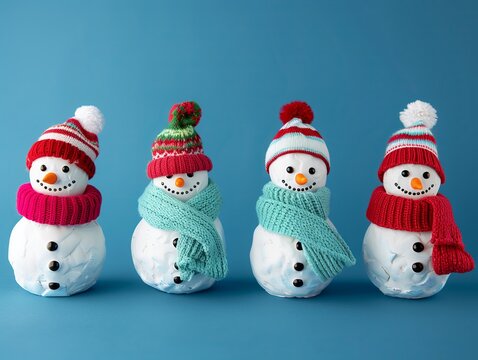 Four snowmen decorations wearing colorful winter hats and scarves