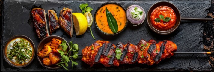 Obraz premium Meat Buffet with Fish, Chicken Tikka Masala, Mango Chutney, Quince Veal, Grilled Dorado, Teriyaki Turkey