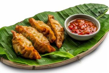 Fried Dumplings on Banana Leaf. Gyoza, Dim Sum, Jiaozi, Momo, Tortellini, Pierogi, Varenyky, Mandu