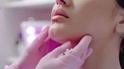 A cosmetologist makes lipolytic injections to burn fat on a woman's chin against a double chin. Women's aesthetic cosmetology in a beauty salon.The concept of cosmetology
