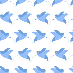 Seamless pattern with blue sea stingray. Cute sea animal. Underwater life background . Print for design, fabric, banner, embroidery, wallpaper. Vector illustration