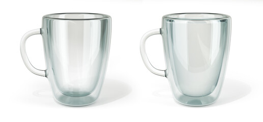 Realistic transparent glass cup. Double wall glass cups set. 3d illustration on white background