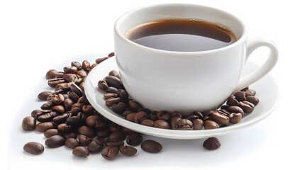 cup of coffee and coffee beans in a sack on dark background