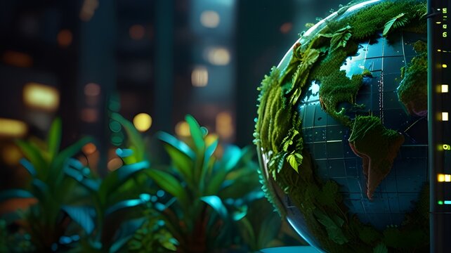 A lush green digital globe, teeming with life as plants grow and thrive within its holographic interface. Soft light bathes the scene, a perfect balance of technology and nature - Powered by Adobe