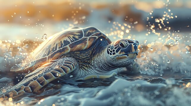 Create a mesmerizing CG 3D rendering of the Kemps ridley turtle rising from the waves