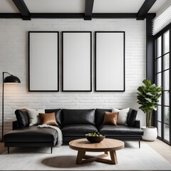 Mockup frame on white exposed brick wall of living room, home interior mockup, frame mockup