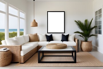 Mockup poster frame in coastal living room interior background, interior mockup design, frame mockup