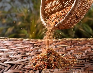 spices on wooden background, spices cascade from rustic woven basket
