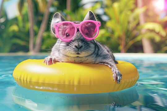 Chinchilla with Pink Sunglasses on a Banana Float: A fluffy chinchilla wearing pink sunglasses, floating on a banana-shaped pool float in a pool with a lush, tropical backdrop