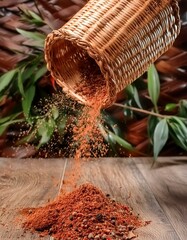 spices on wooden background, spices cascade from a rustic woven basket