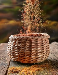 spices cascade from a rustic woven basket with christmas decorations