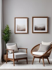 Two mockup frames in light gray living room interior background, interior mockup design, frame mockup