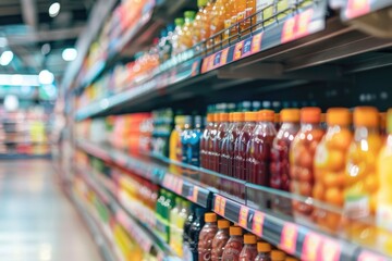 Fototapeta premium Supermarket Aisles with Colorful Products in Soft Focus Background