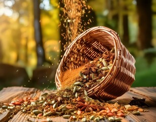 spices cascade from a rustic woven basket, autumn in a basket