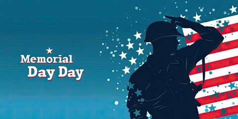 Silhouette of a soldier saluting with an American flag and text "Memorial Day" on a blue background vector illustration
